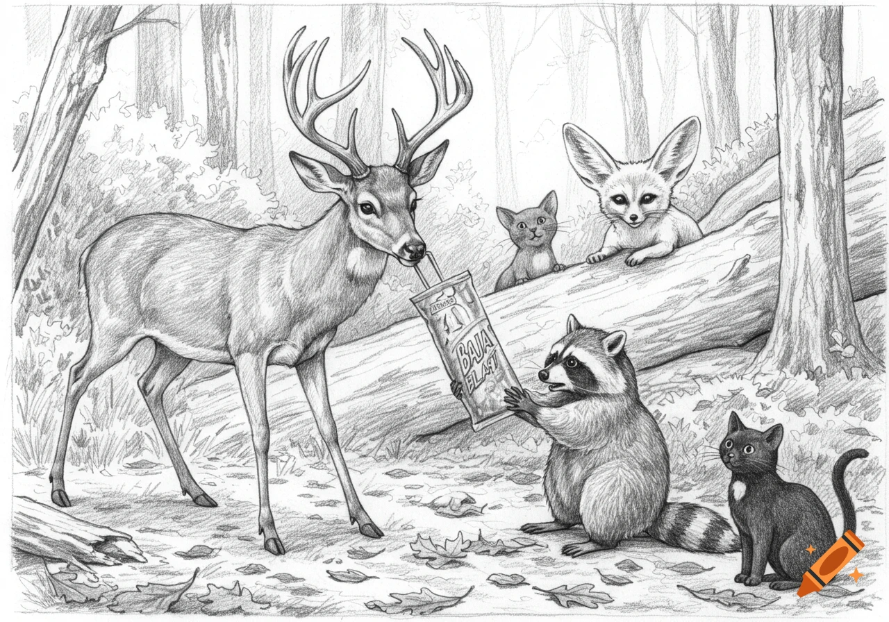 A pencil sketch of a deer drinking from a Baja Blast carton held by a raccoon, with a fennec fox and two cats watching in a forest.