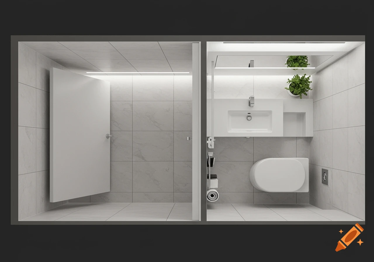 A photorealistic render of a modern, minimalist bathroom with light grey tiles, white vanity, sink, toilet, and two potted plants.