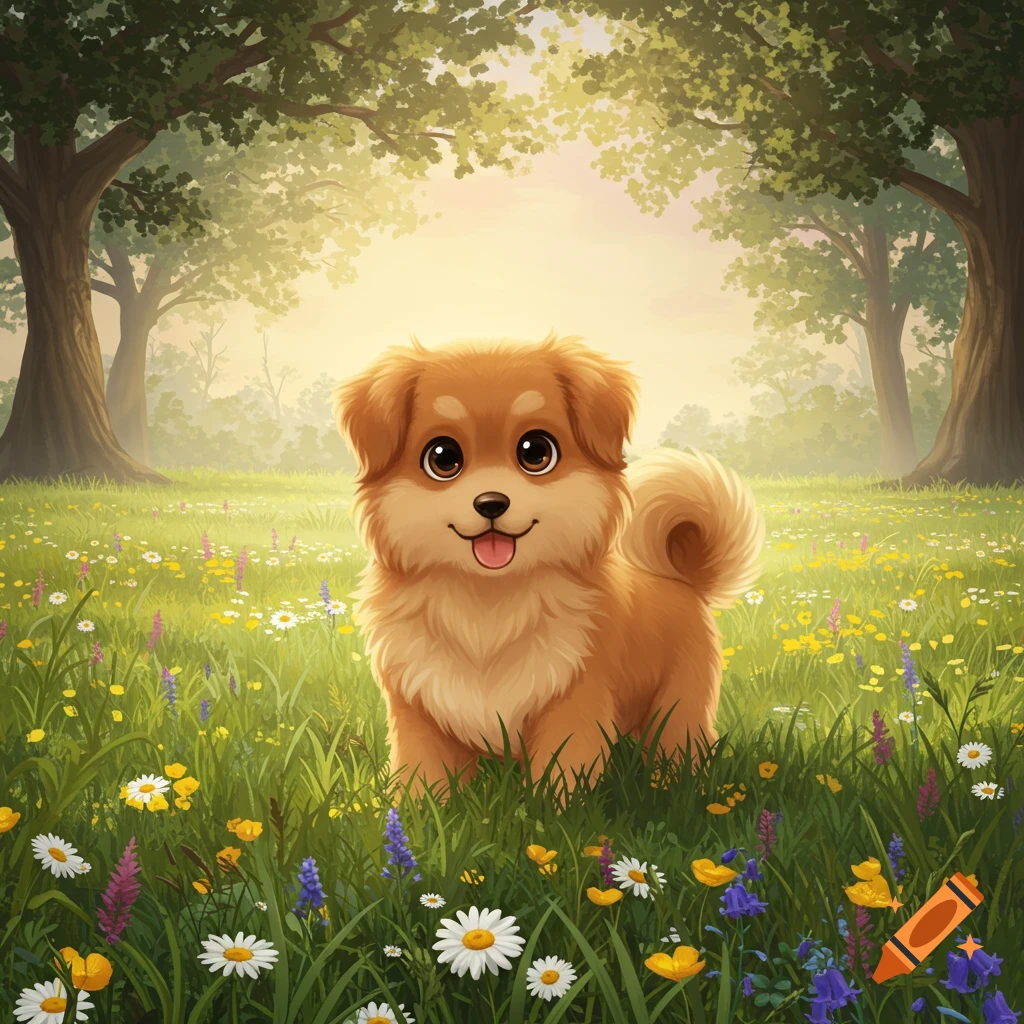 A cute, fluffy cartoon puppy with big eyes smiles in a sunlit meadow filled with colorful wildflowers and trees.
