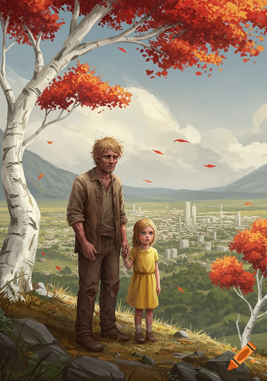 A sad man and a girl in a yellow dress hold hands on a rocky, autumn hill, overlooking a city with white birch trees and red leaves.