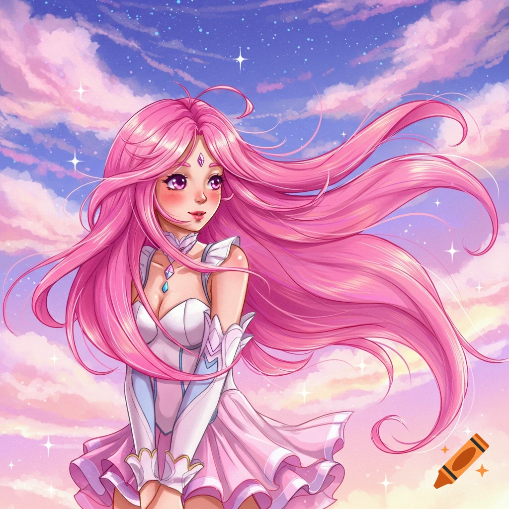 Anime girl with long pink hair in a white and pink dress against a cloudy, starry sky.