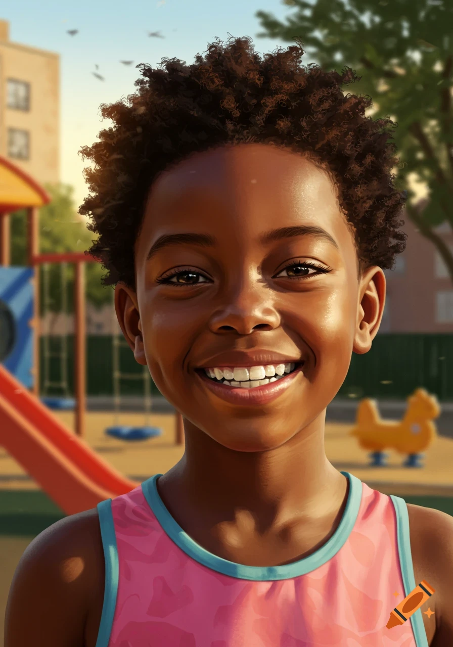 A smiling young Black child with curly hair in a playground.