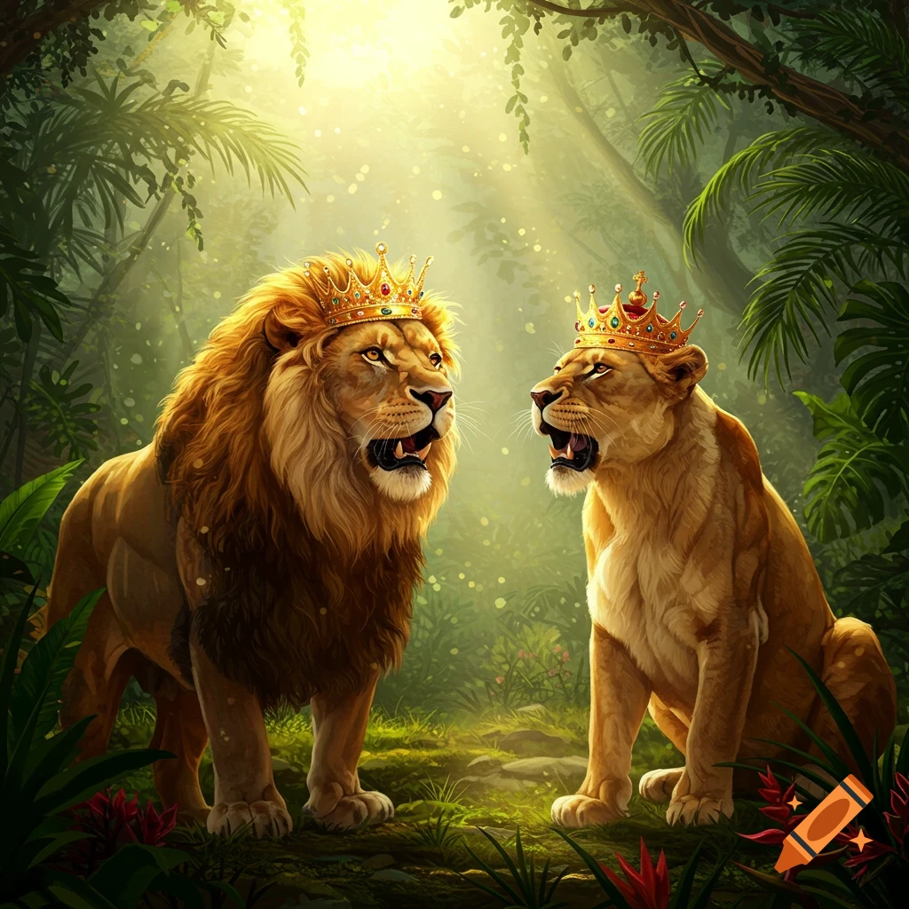 A male lion and a lioness wearing golden crowns roar at each other in a lush, sunlit jungle.