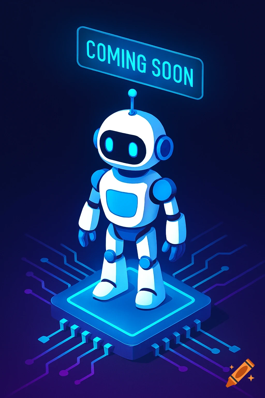 Isometric 3D illustration of a futuristic white and blue robot standing on a glowing digital chip with 'COMING SOON' banner.