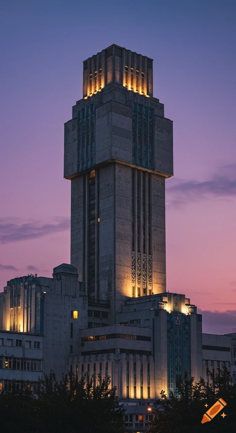 A tall concrete tower with Brutalist and Art Deco elements stands illuminated against a purple and pink twilight sky, with similar buildings behind it.