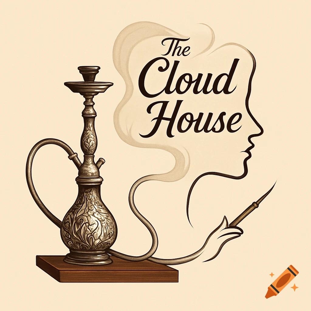 Stylized logo of a shisha pipe on a wooden base with smoke forming the words 'The Cloud House' next to a female profile silhouette.