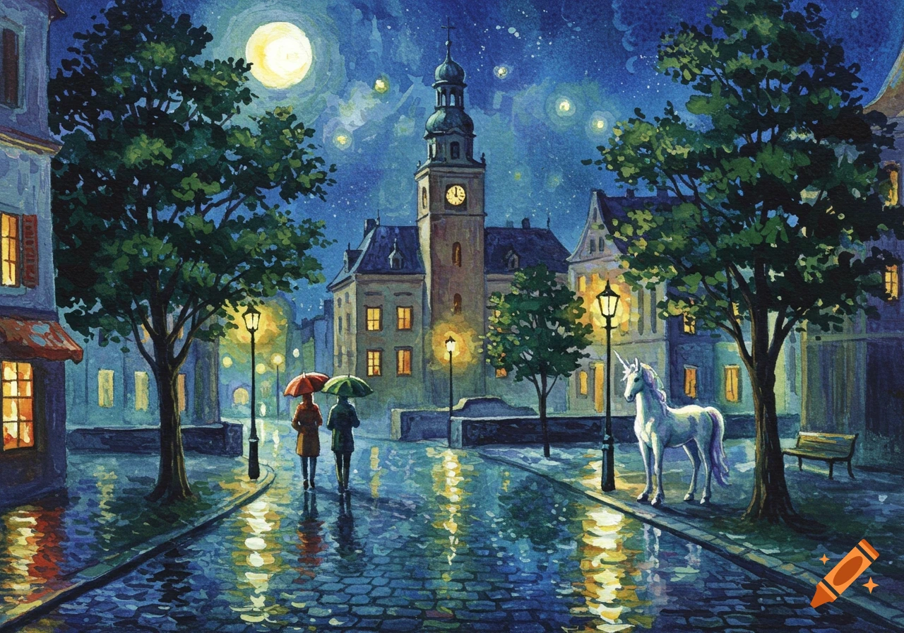 A vibrant watercolor painting in Van Gogh's style depicts a rainy night in a European town, with a full moon and stars in the sky. Two people with umbrellas walk on a wet cobblestone street towards a clock tower building. A white unicorn stands under a street lamp on the right.