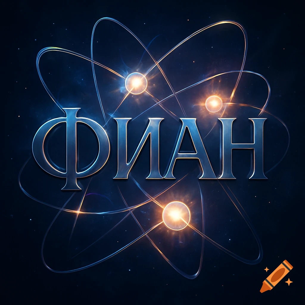 Metallic 'ФИАН' text surrounded by glowing atomic structures and orbits on a starry dark blue background.