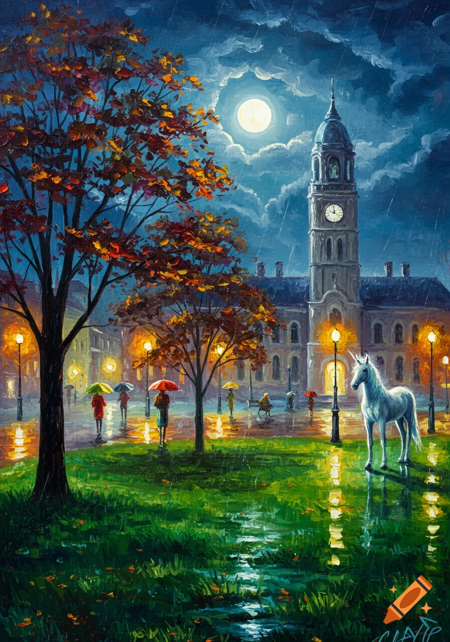 Impressionistic oil painting of a white unicorn on a wet grassy lawn, facing a clock tower under a full moon on a rainy night. People with umbrellas walk in the background, surrounded by glowing street lamps and autumn trees.