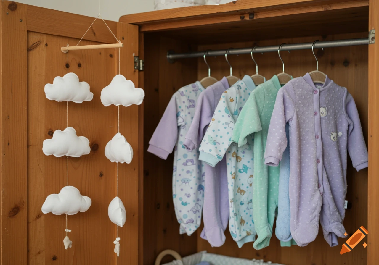 A wooden wardrobe with pastel baby clothes hanging and a white cloud mobile on the left.