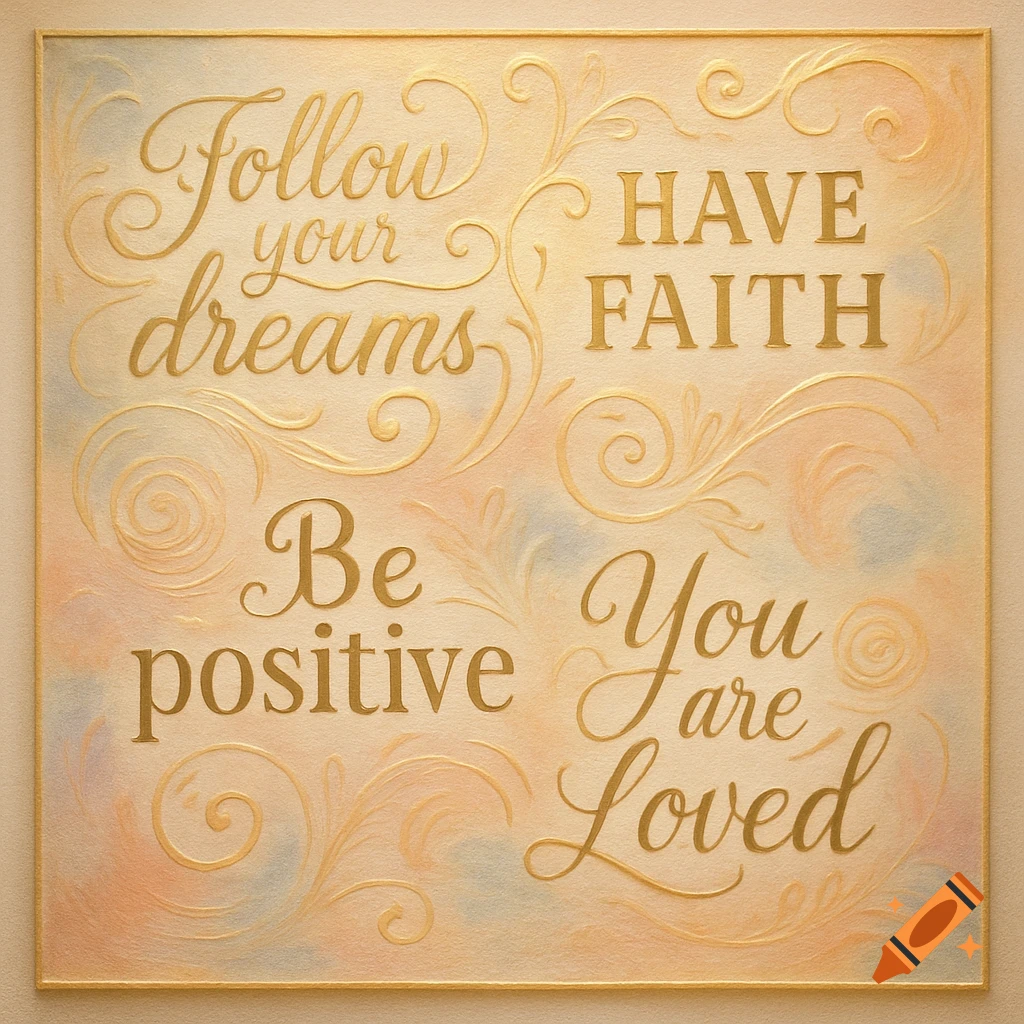 Golden calligraphy art with inspirational quotes 'Follow your dreams', 'HAVE FAITH', 'Be positive', 'You are Loved' on a soft, textured background.