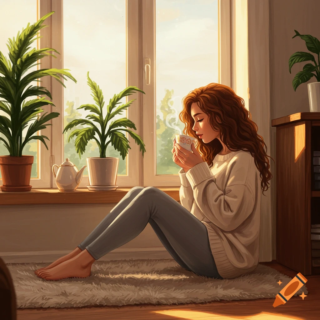 Digital illustration of a woman with long curly hair sitting on a rug by a window, drinking from a teacup, with plants nearby.