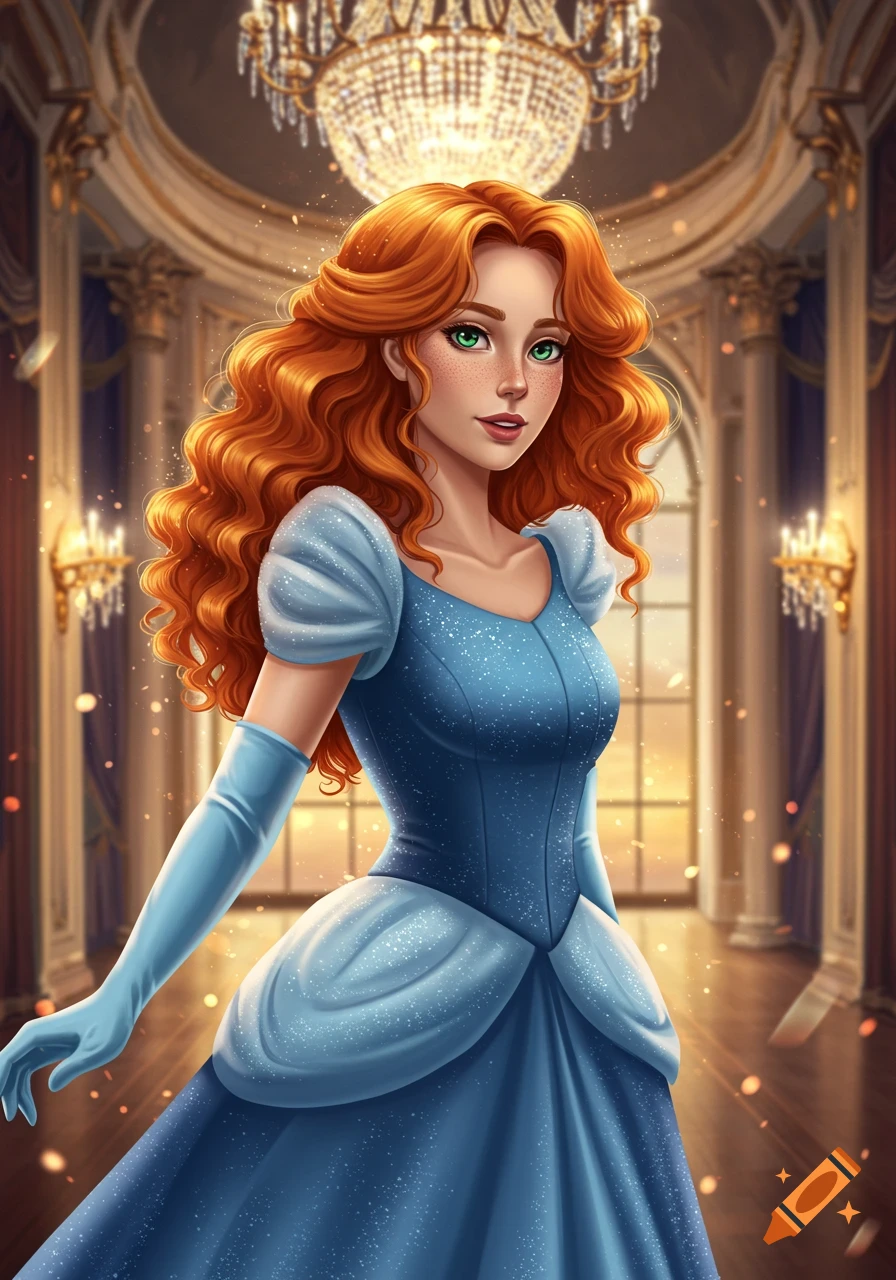 An illustration of a red-haired princess in a sparkly blue gown and long gloves, standing in a grand ballroom with chandeliers.