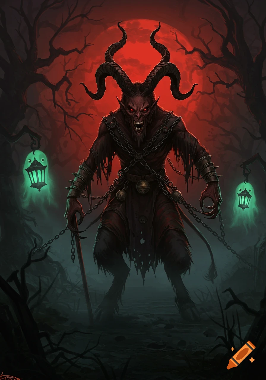 A demonic Krampus with horns and chains stands in a dark, misty forest under a red moon, with two glowing ghost lanterns.