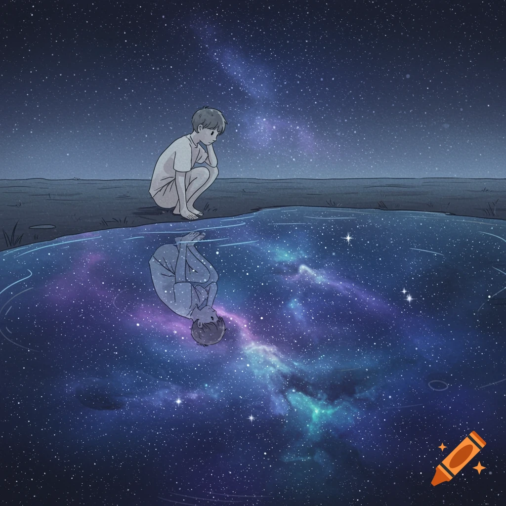 Minimalistic drawing of a child squatting by a pond reflecting a vibrant universe with stars and nebulae.