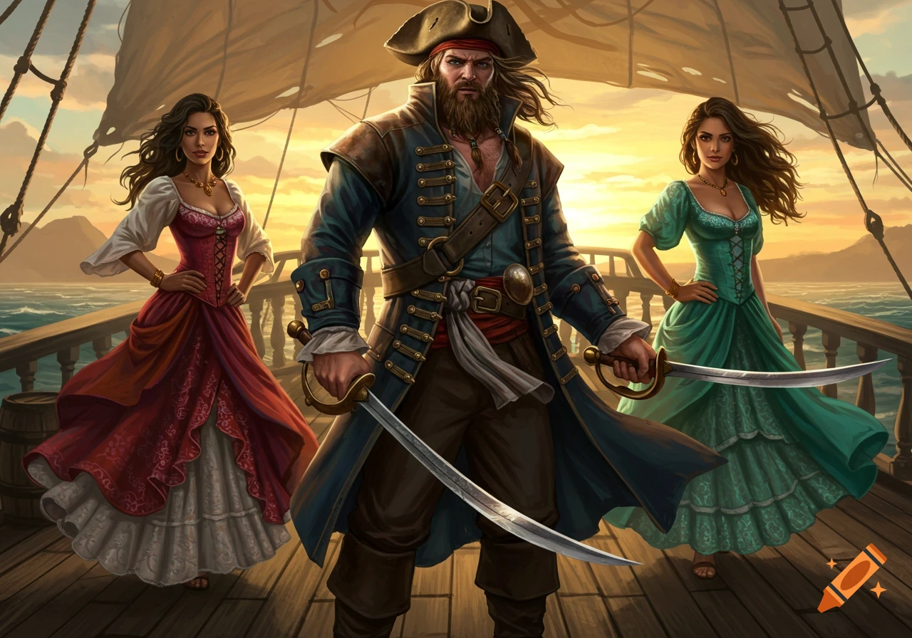 A bearded pirate captain with two sabers, flanked by two women in long dresses, standing on a ship deck at sunset.