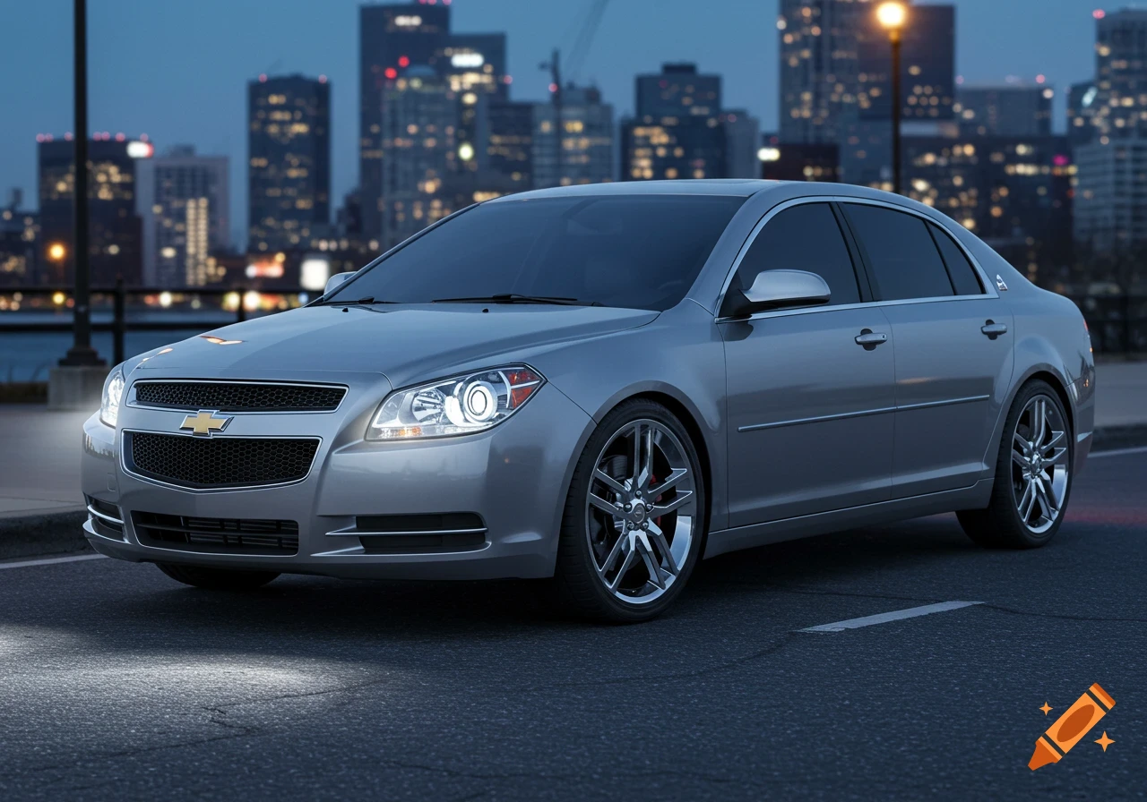 A silver Chevrolet Malibu sedan parked on a street at night, with a city skyline in the background.