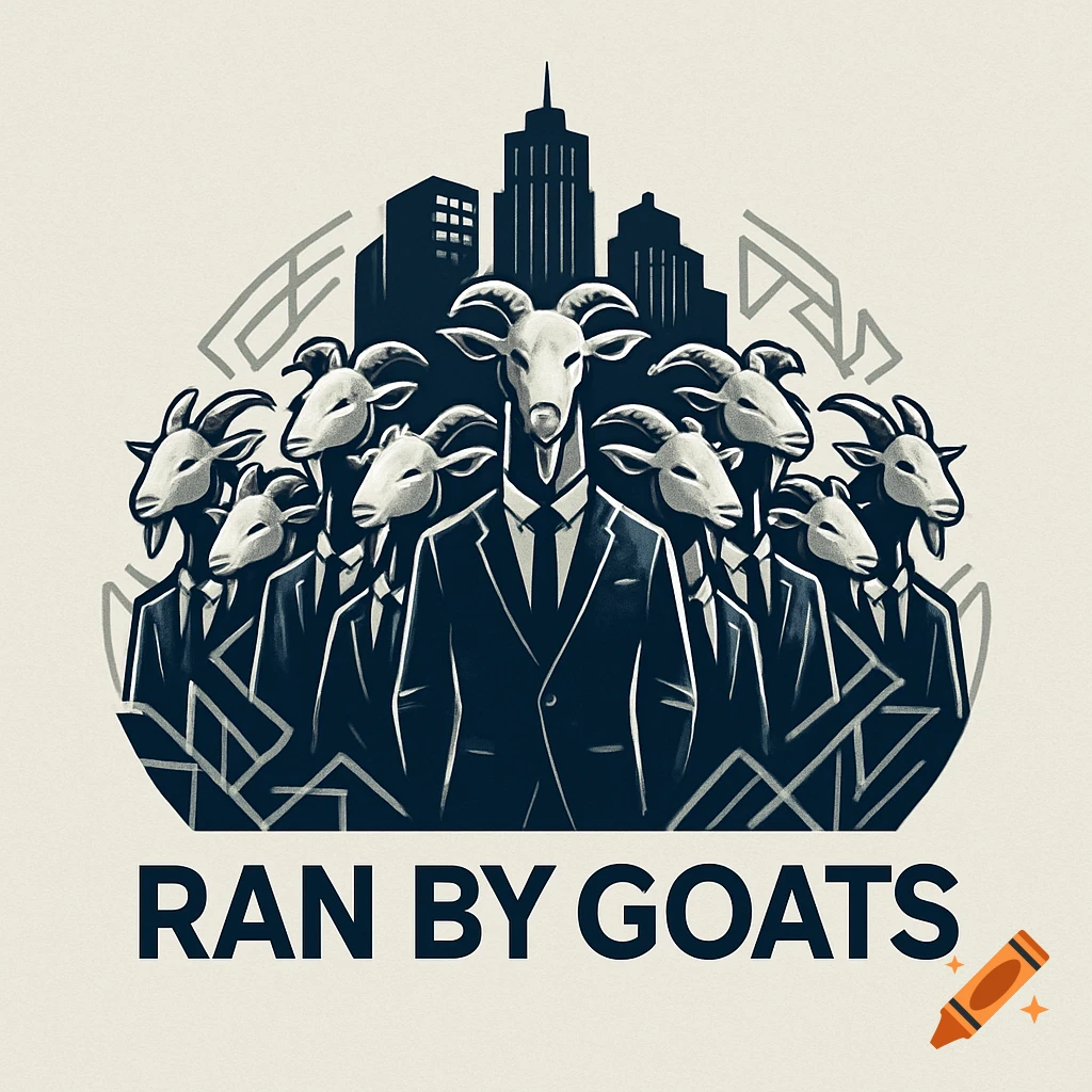 A stylized logo featuring several goats in business suits with a cityscape background and the text 'RAN BY GOATS'.