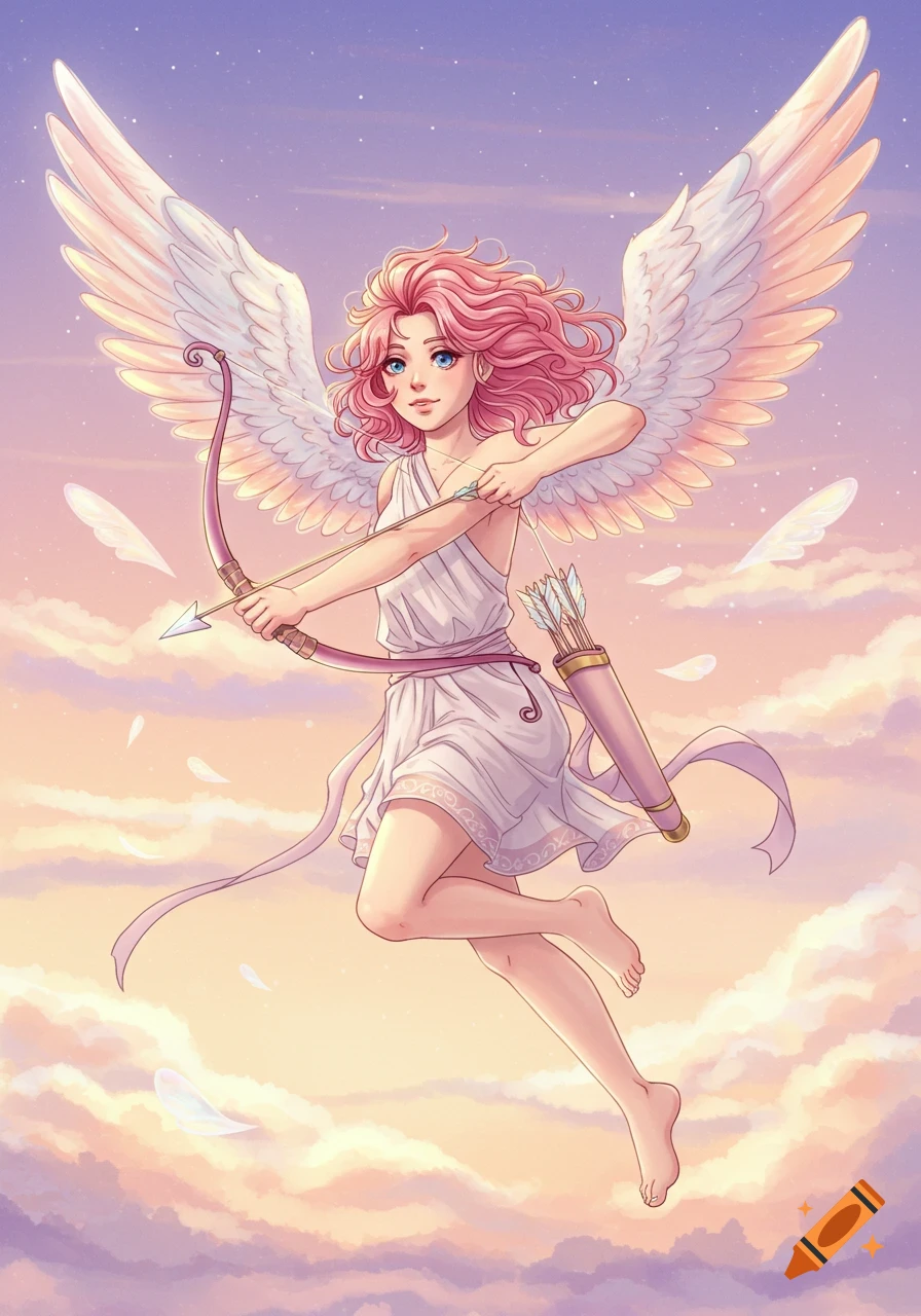 Anime-style cupid with pink hair and blue eyes, wearing a white toga, flies in a pastel sky, holding a bow and arrow.