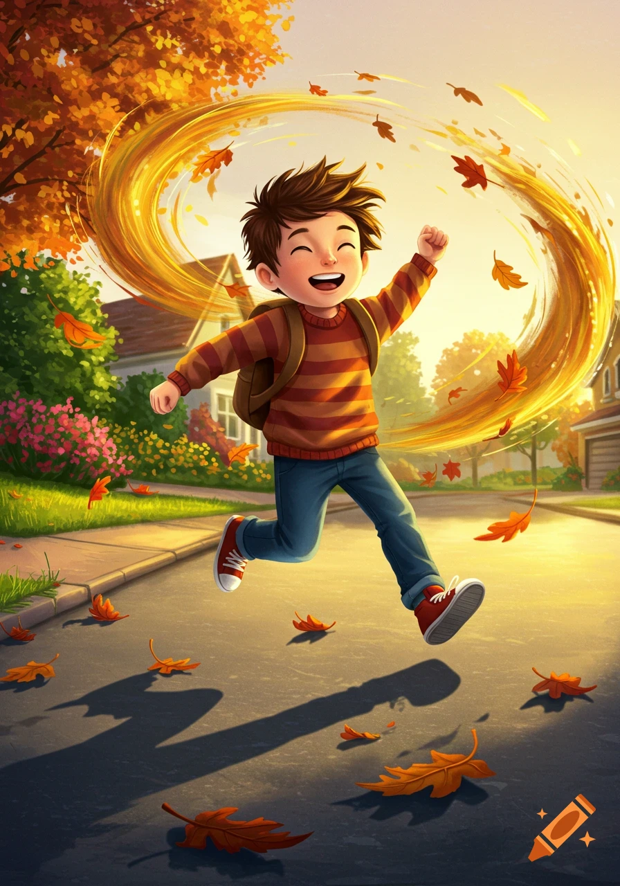 A cheerful cartoon boy with a backpack skips down an autumn street as golden leaves swirl around him.