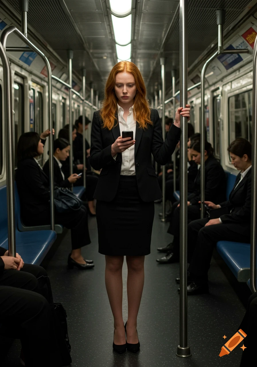 A young redhead woman in a black business suit stands in a subway train, holding a pole and looking at her phone. Other passengers in suits are visible.