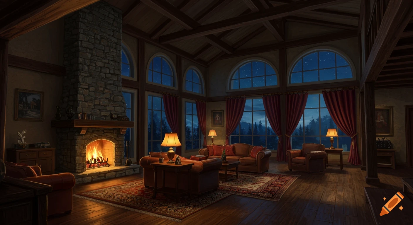 A cozy, rustic living room at night with a large stone fireplace, warm lamps, and arched windows looking out onto a starry forest.