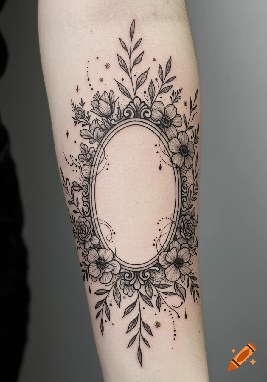 Black and grey floral tattoo with an ornate oval frame on a forearm, detailed with leaves and flowers.