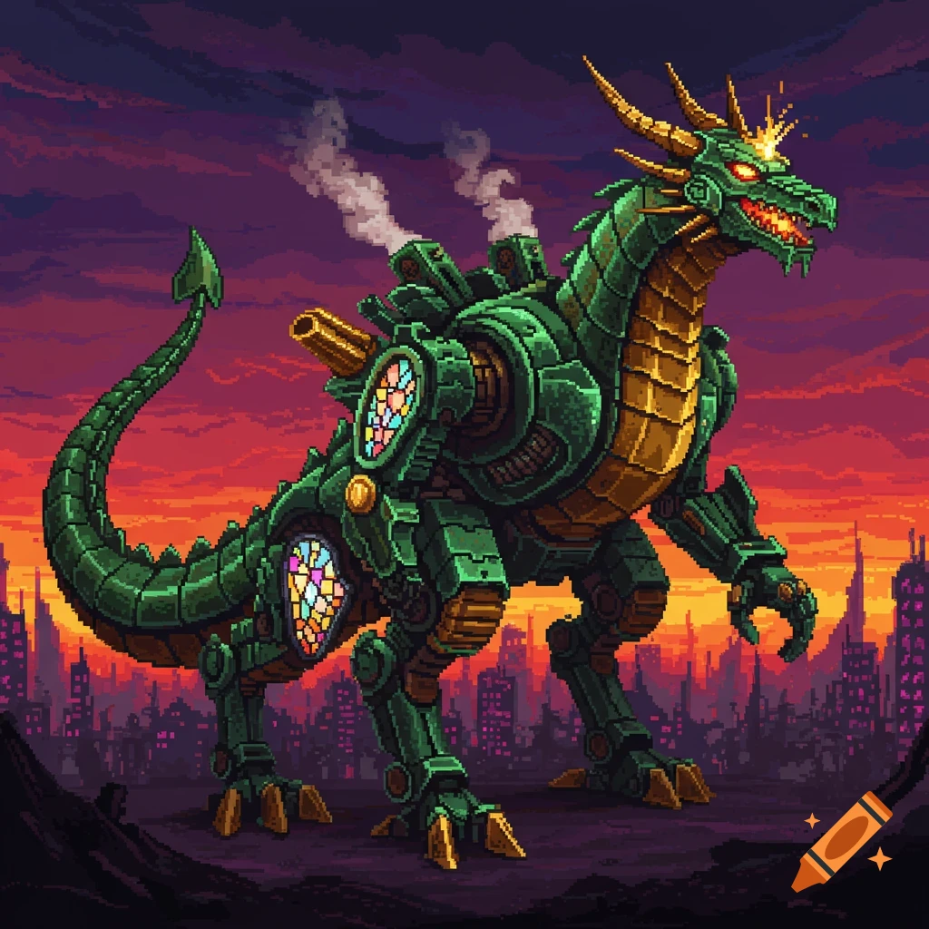 A green and gold mechanical dragon with stained glass panels stands in a pixel art destroyed cityscape against an orange and purple sky.