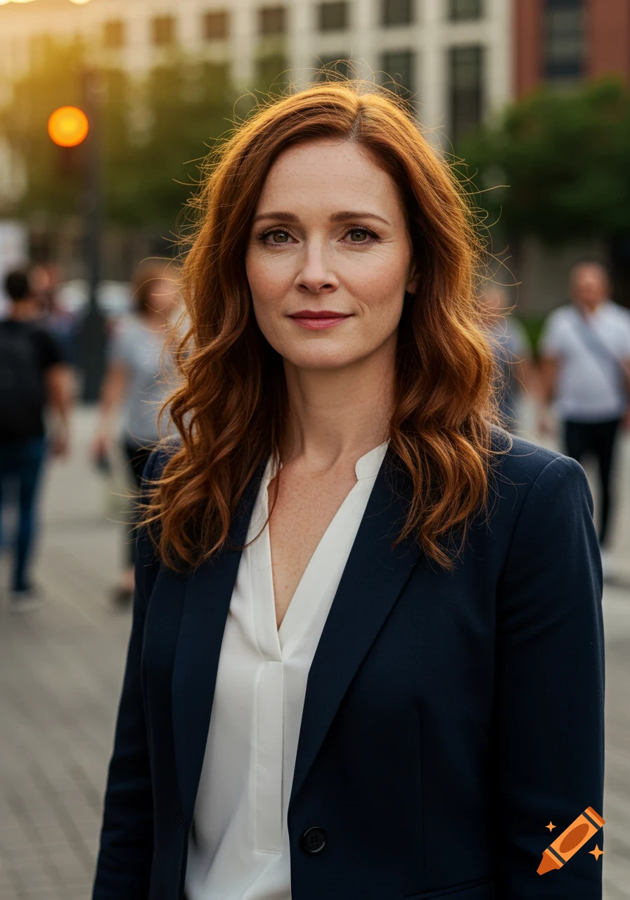 A photorealistic portrait of a woman with red hair in a suit jacket and white shirt, standing on a street.