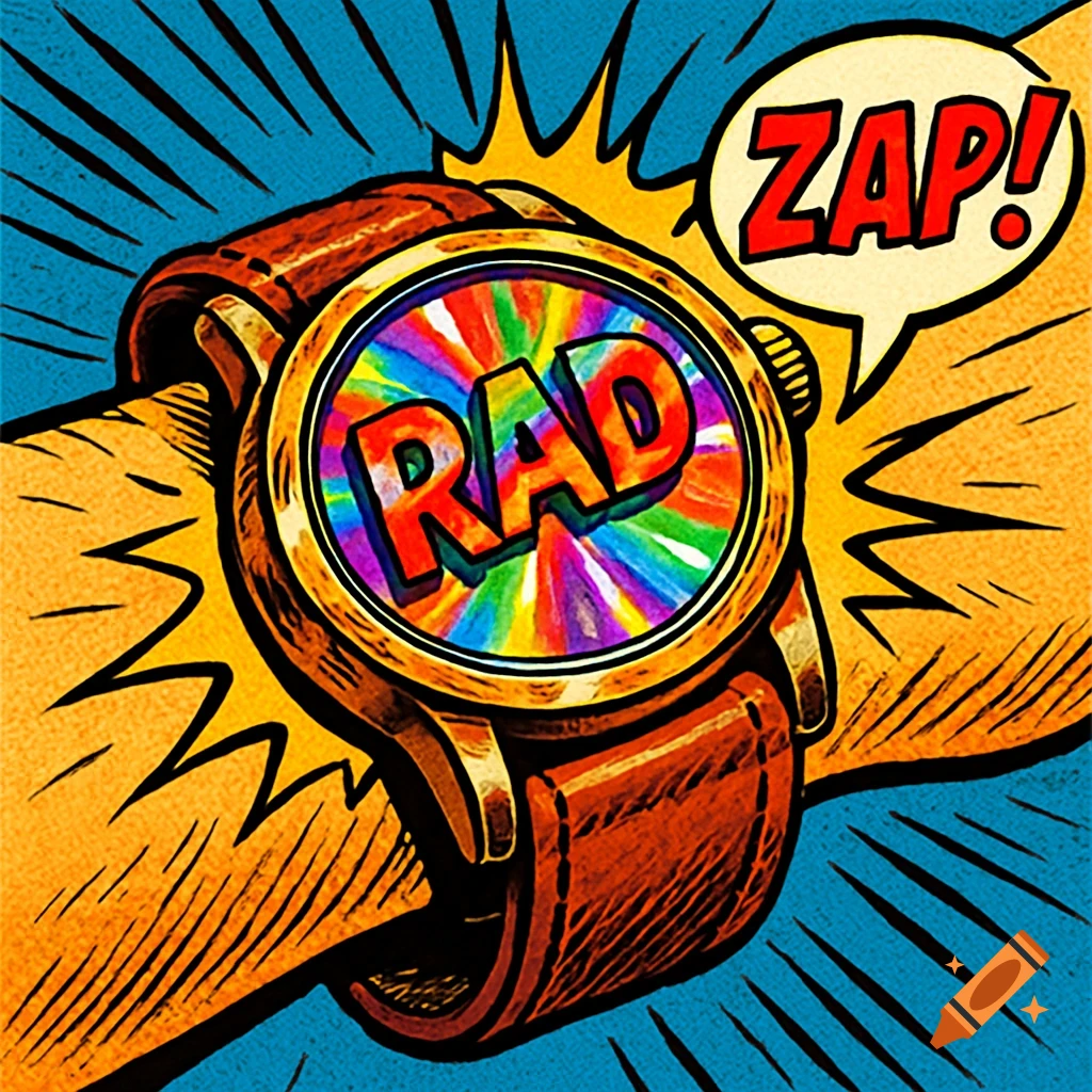 A comic book style image of a wrist with an old watch. The watch has a leather band and a rainbow face with 'RAD'. A 'ZAP!' speech bubble is next to it.