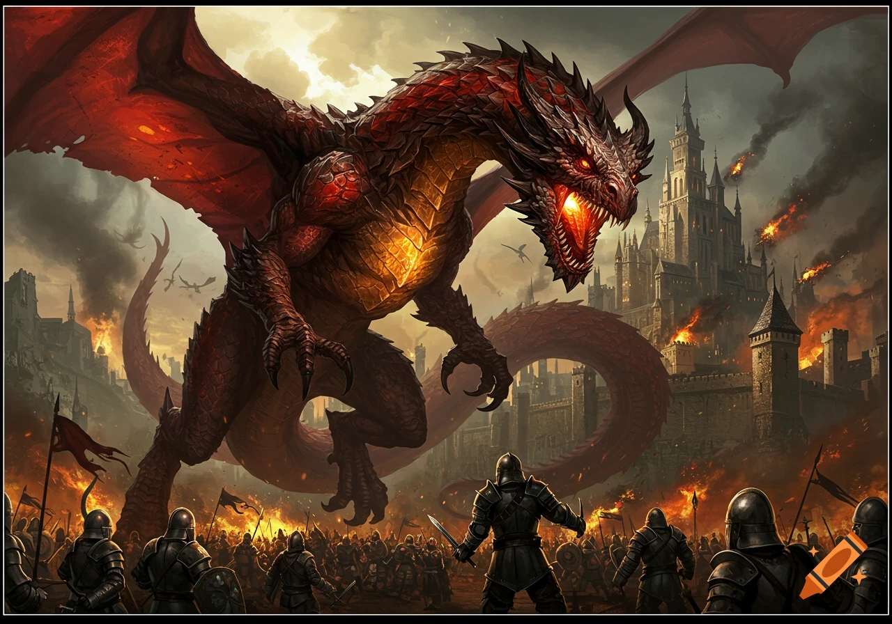 A massive red dragon with glowing eyes and mouth attacks a medieval castle, engulfed in flames and smoke, while armored knights stand ready for battle.