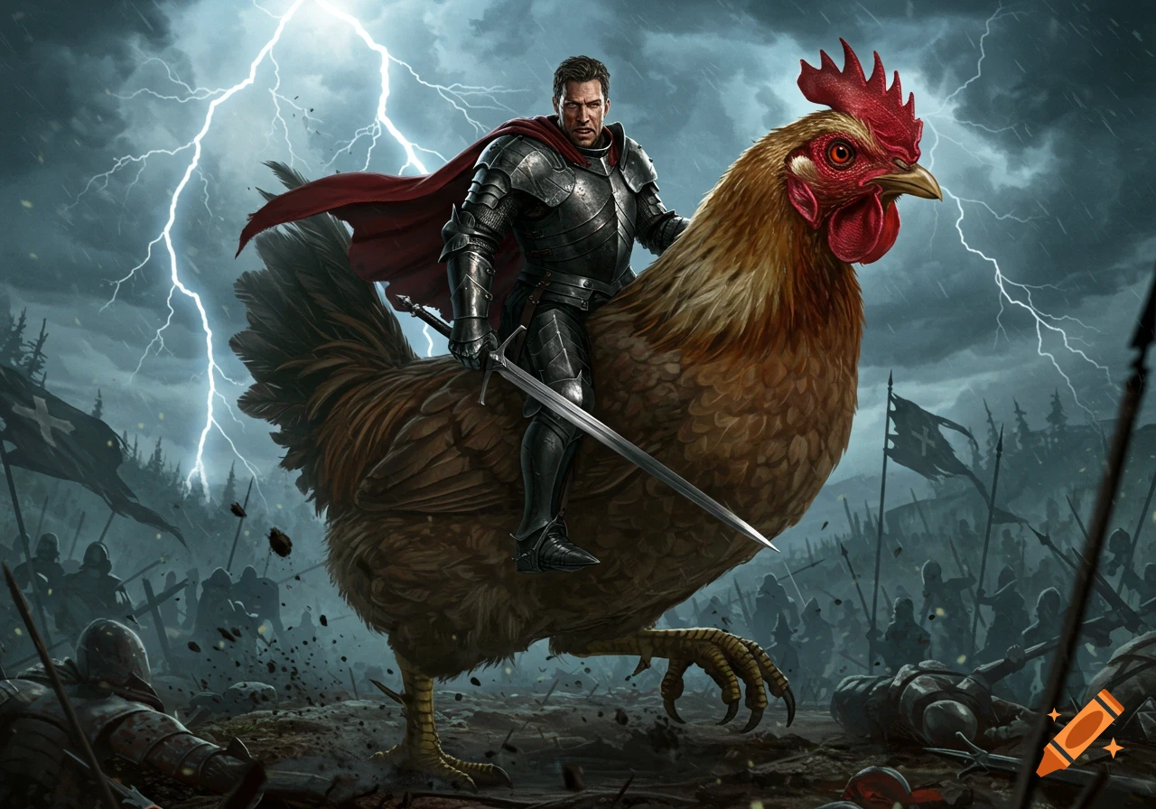 An armored knight with a red cape rides a giant chicken into a stormy battle, lightning flashes above a field with fallen soldiers.