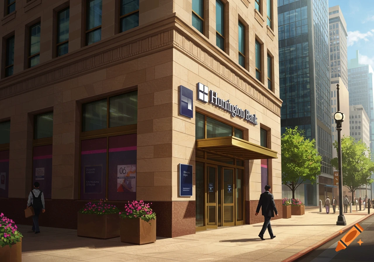 A modern Huntington Bank branch building with a gold awning on a city street, with people walking on the sidewalk and tall buildings in the background.