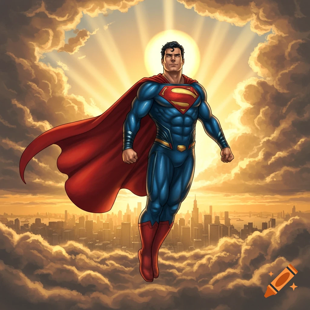 Superman flies through golden clouds above a city at sunset, sunrays radiating behind him, in a comic book art style.