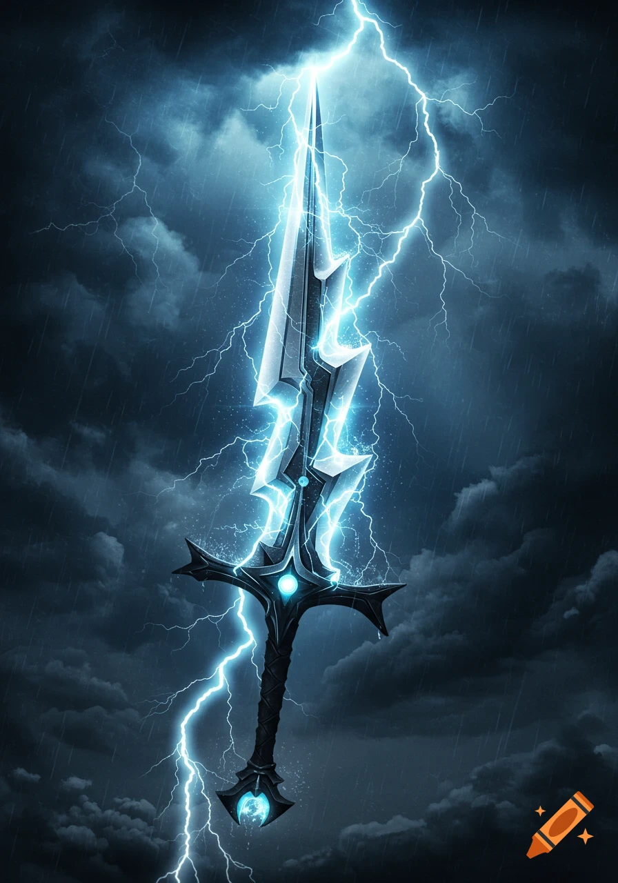 A detailed fantasy sword with a lightning bolt blade glowing blue, surrounded by electric arcing in a dark, stormy sky with rain.