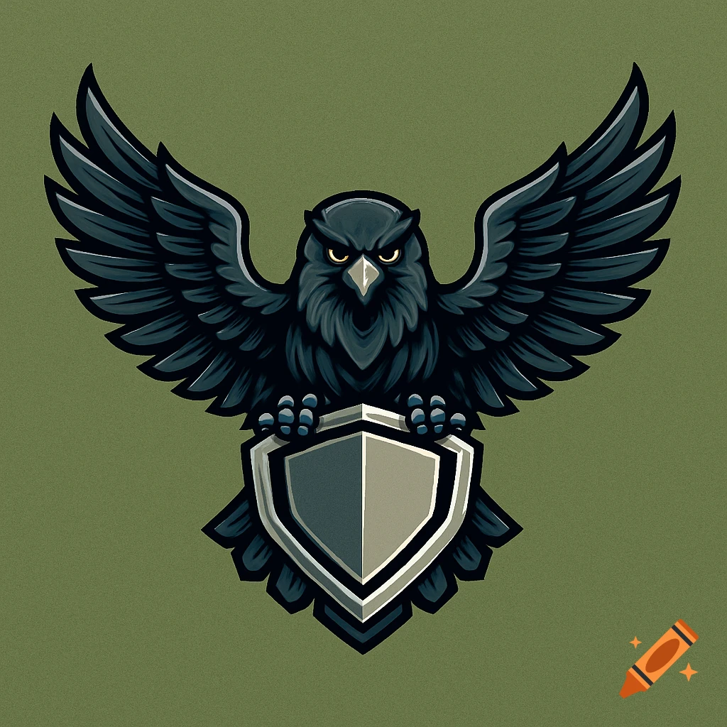 A dark, stylized bird with spread wings, resembling an eagle or raven, holding a shield, designed as a military logo on a green background.