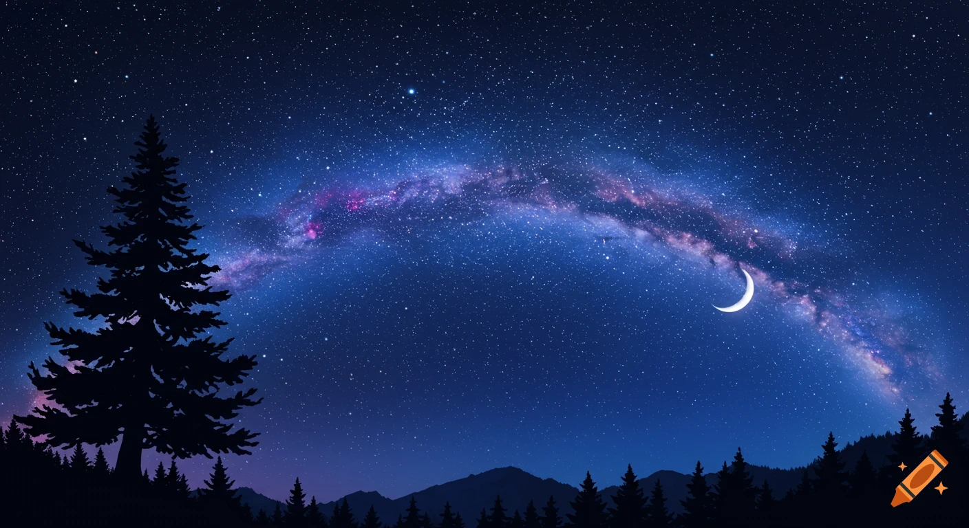 A vibrant night sky filled with stars and the Milky Way arches above silhouetted mountains and pine trees, with a crescent moon.