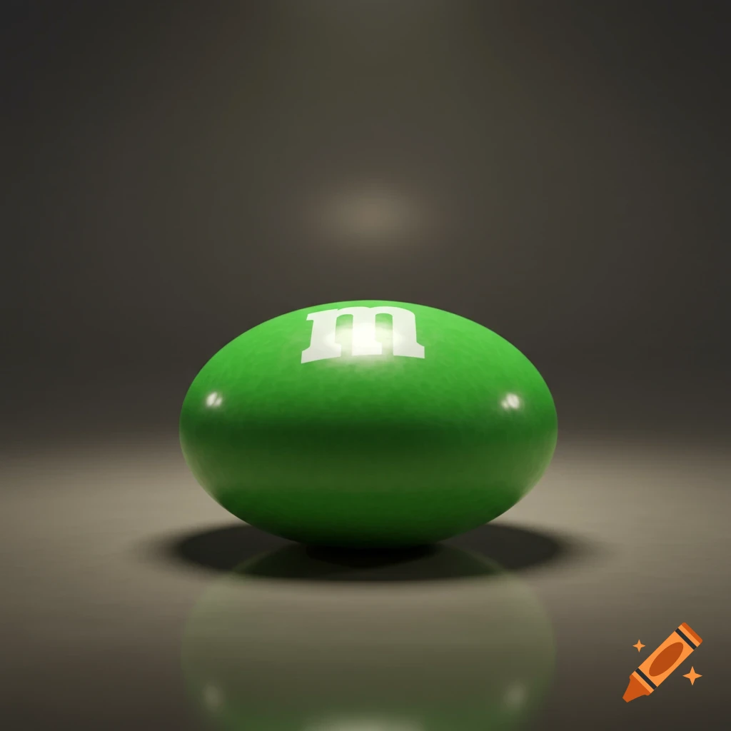 A single green M&M candy with a white 'm' logo on a reflective surface, lit from above.