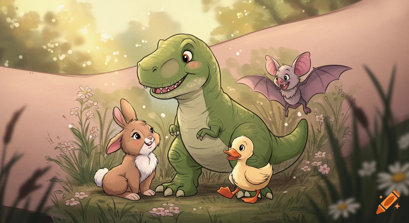 A smiling cartoon T-Rex, bunny, and duckling stand on grass with a bat flying above them in a sunny nature scene.