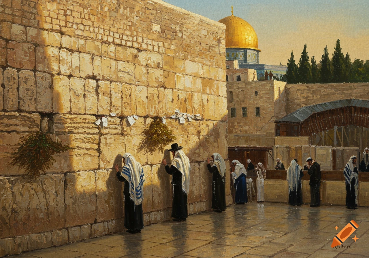 An oil painting depicting a solemn scene at the Western Wall in Jerusalem, with individuals in traditional Jewish attire praying against the ancient stone structure bathed in warm sunlight.