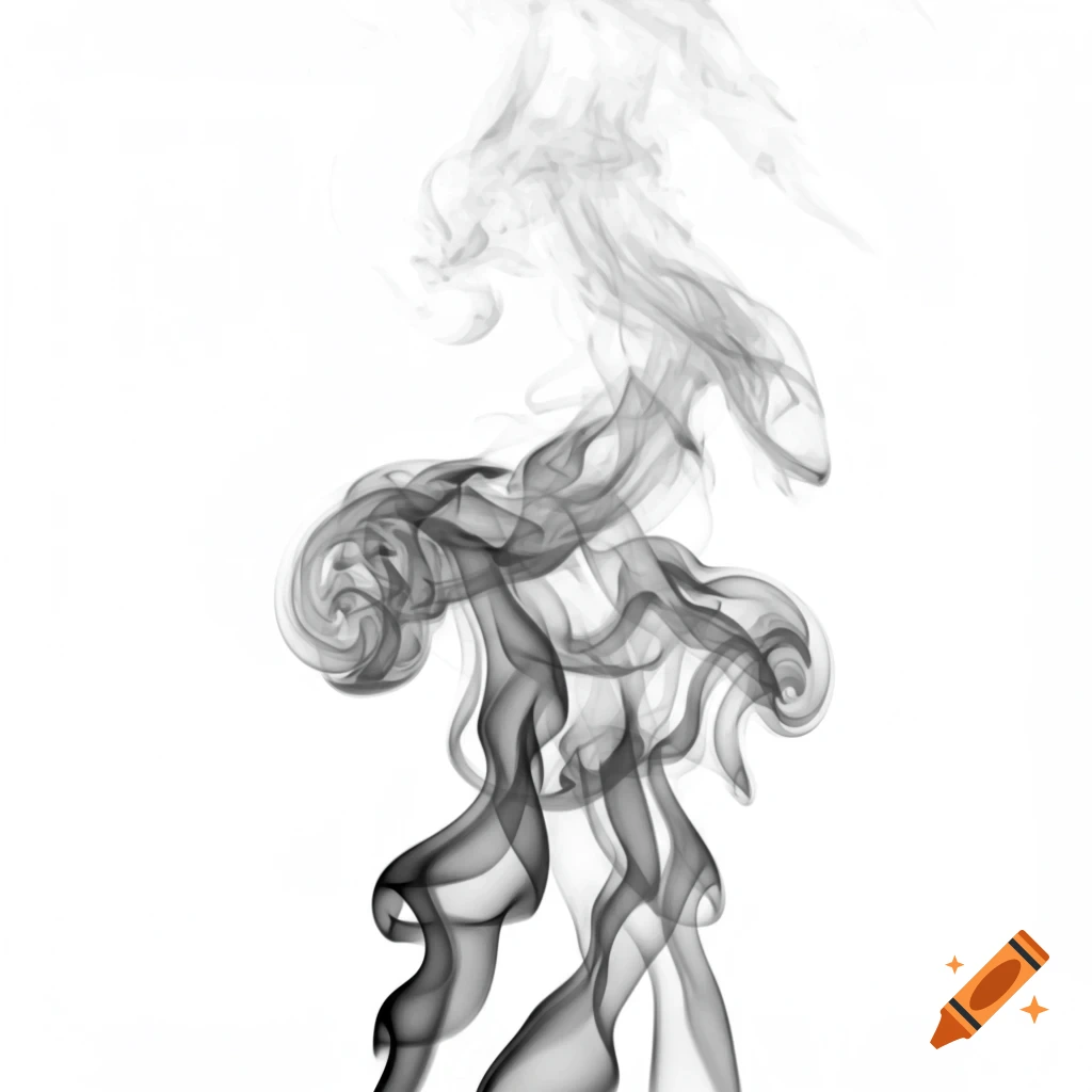 A tall plume of gray smoke rises from the bottom of the frame against a white background.