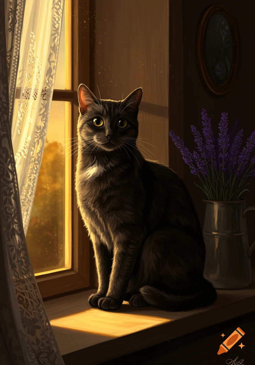 A grey cat with yellow eyes sits on a sunlit windowsill, next to a lace curtain and a vase of purple lavender.