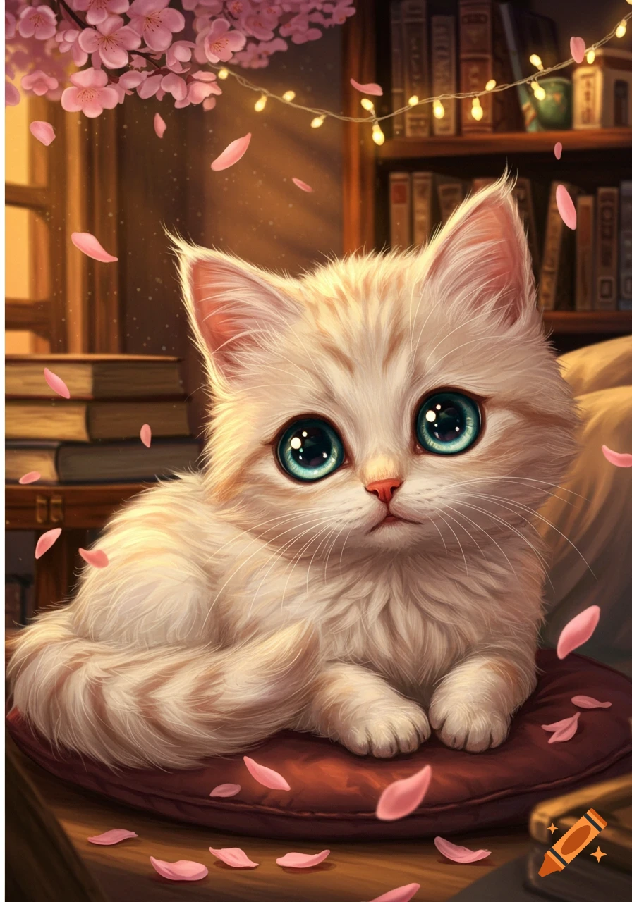A fluffy cream and orange kitten with large blue eyes sits on a red cushion, surrounded by falling pink cherry blossoms, in a cozy, illustrated room.