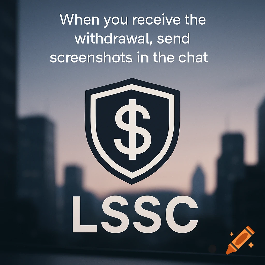 A white shield logo with a dollar sign inside, and the text 'LSSC' below, against a blurred cityscape. A message 'When you receive the withdrawal, send screenshots in the chat' is at the top.