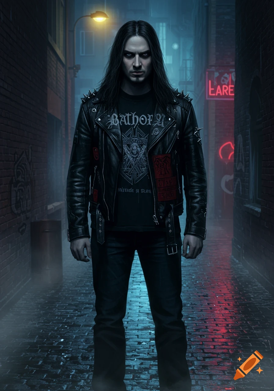 Photorealistic portrait of a long-haired man in a black leather jacket and a Bathory t-shirt standing in a dark alley.