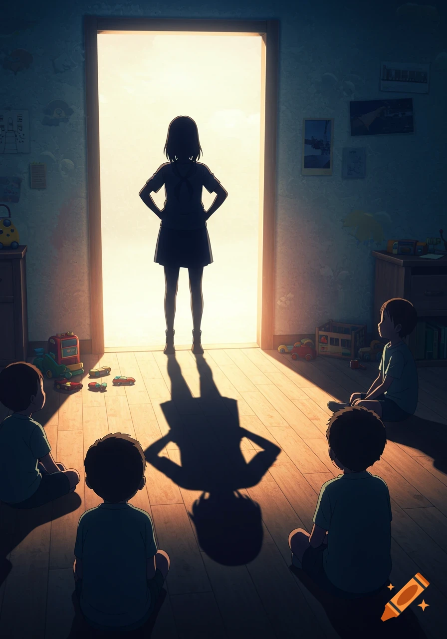 A silhouetted girl stands in a bright doorway, hands on hips, looking into a dim room where three young boys sit on the floor, anime style.