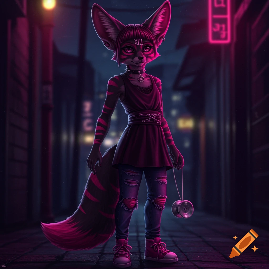 An anthropomorphic fennec fox in emo attire, with magenta fur streaks and neon pink lighting, stands in a dark urban alley at night, holding a yo-yo.