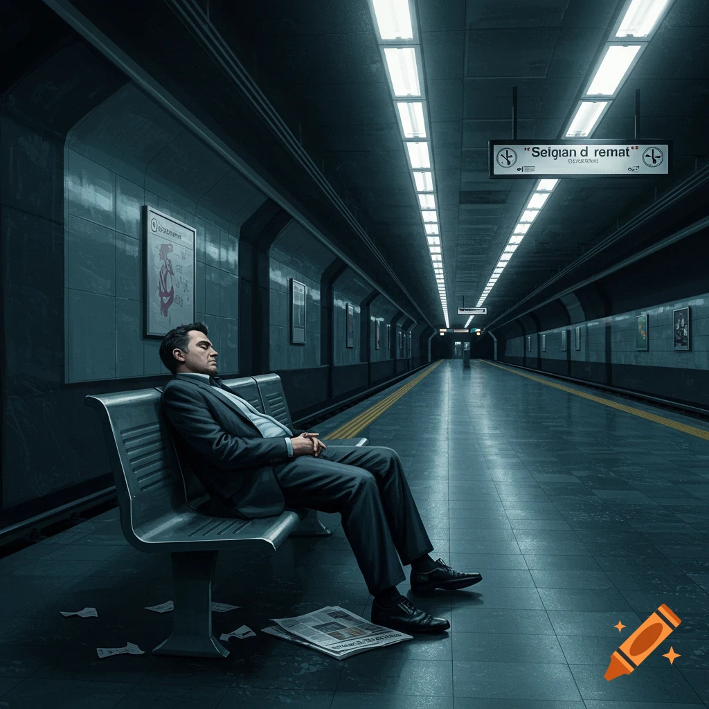 A man in a suit sleeps on a bench in a dimly lit, empty, photorealistic subway station with a newspaper on the floor.