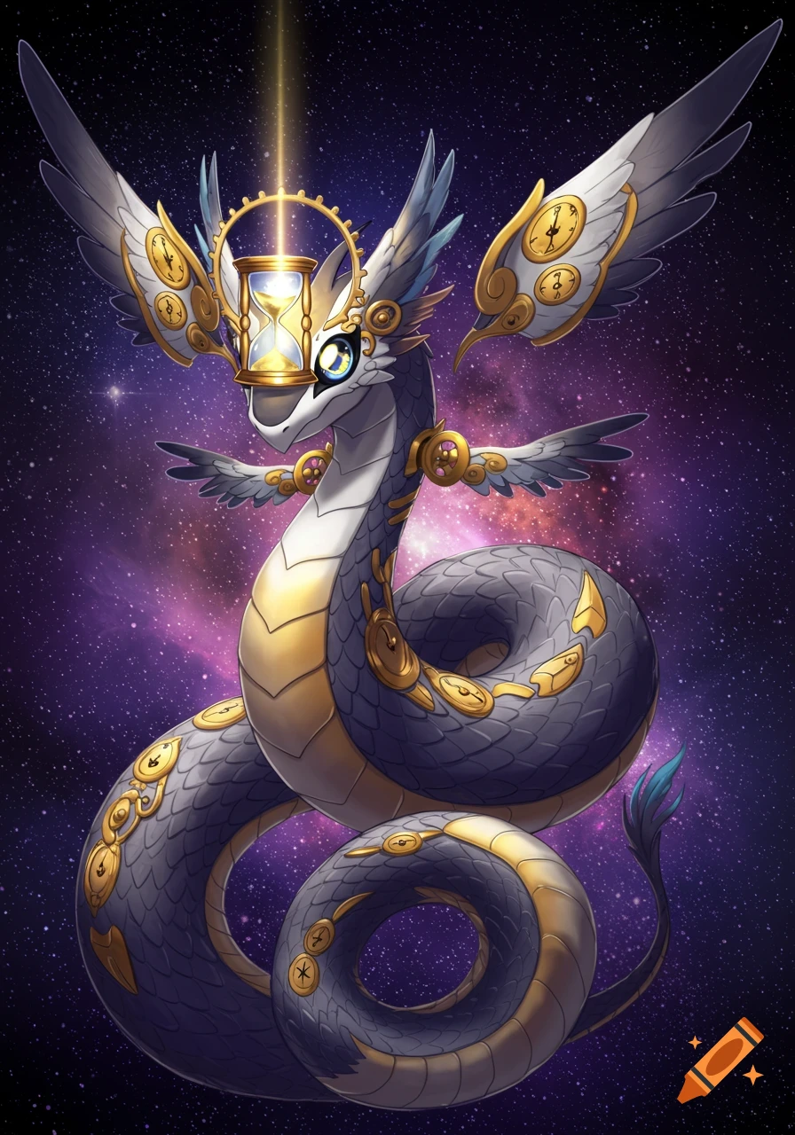 A white and gray dragon-like creature with gold armor, clock-face wings, and an hourglass headpiece, set against a starry purple galaxy.