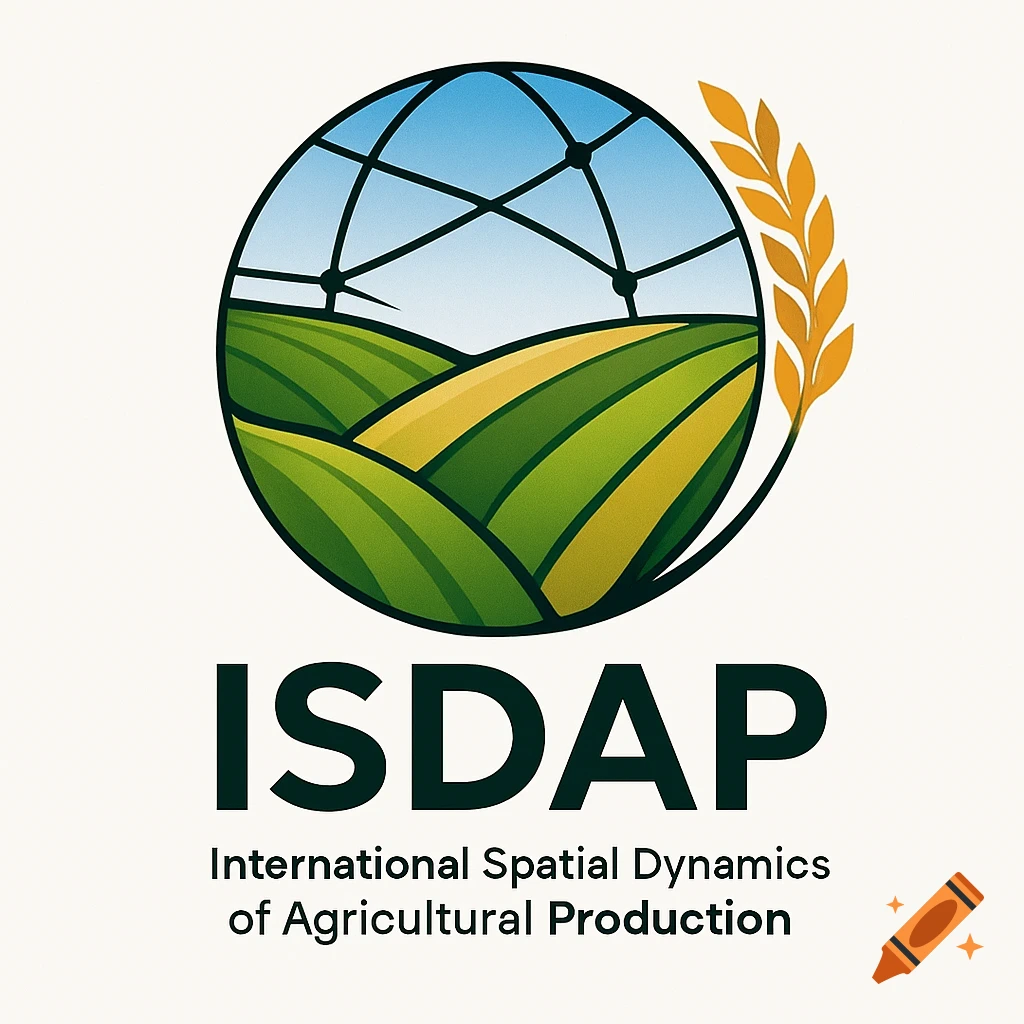 Logo featuring a globe over agricultural fields, a wheat stalk, and text 'ISDAP International Spatial Dynamics of Agricultural Production'.